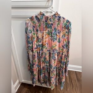 Fate | Floral Tiered Smocked Neck Dress - Pink, Blue, Green | M